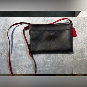 Coach Dark Brown Crossbody Bag with Red Accents